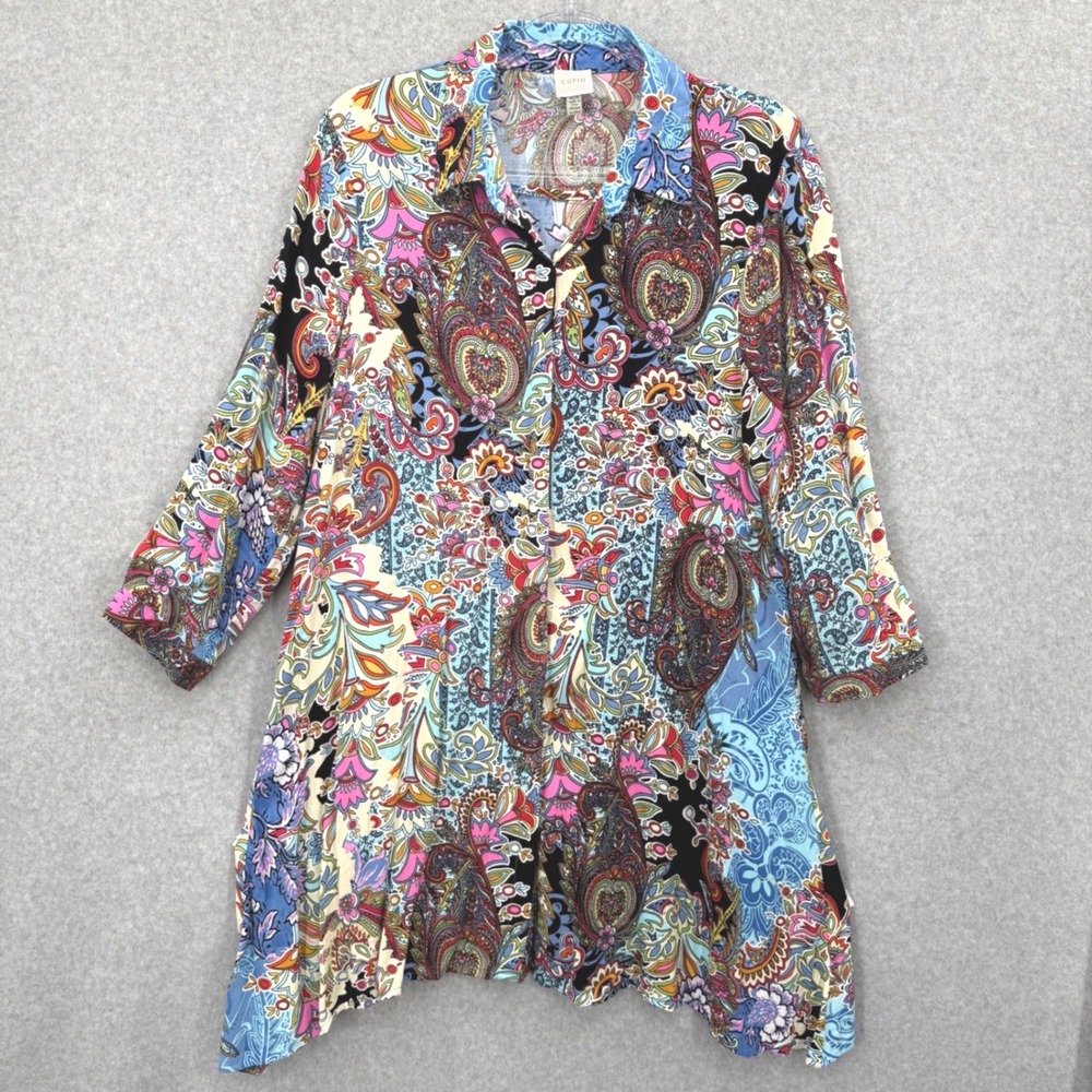Cupio Paisley Tunic Button Up Women Size M Multicolor Boho Handkerchief Hem